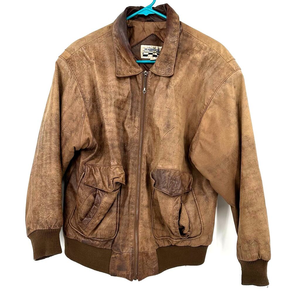 Vintage Yearbook Size Medium Jacket‎ Brown Leather Patina Zip Up Pockets Lined